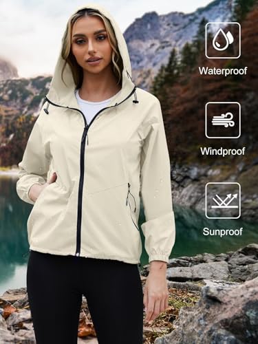 PITINAN Lightweight Rain Jacket Women Packable Wind Breaker Light Rain Jacket Women Waterproof Travel Raincoat S-XXL - color: Beige, size: Medium
