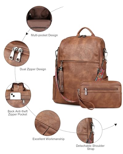 FADEON Leather Backpack Purse for Women Designer Travel Backpack Purses PU Fashion Ladies Shoulder Bag with Tassel - color: 2 Brown Retro Style