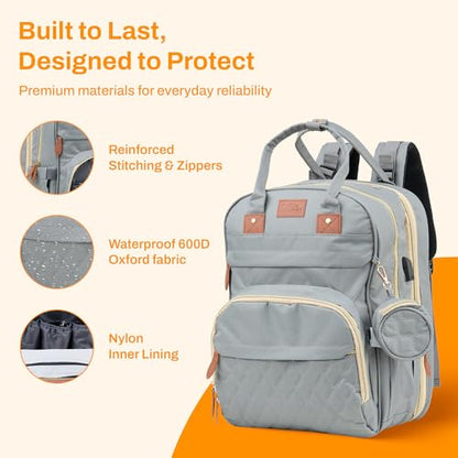 Diaper Bag Backpack with Changing Station – Large Baby Diaper Bag with 19 Pockets, USB Port, Waterproof, Insulated Bottle Holders, Stroller Straps – Travel Maternity Bag – Grey - color: Grey