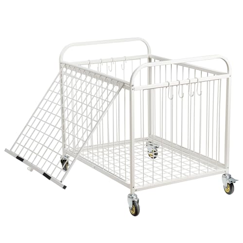 MyGift Large Capacity Metal Rolling Multi Sports Ball Cage Storage Hopper, Gym Equipment Basket Cart with Lockable Latch, Heavy Duty Caster Wheels, and 8 Accessory Hooks - color: White