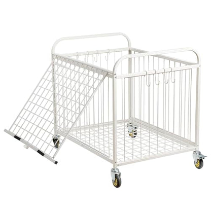 MyGift Large Capacity Metal Rolling Multi Sports Ball Cage Storage Hopper, Gym Equipment Basket Cart with Lockable Latch, Heavy Duty Caster Wheels, and 8 Accessory Hooks - color: White