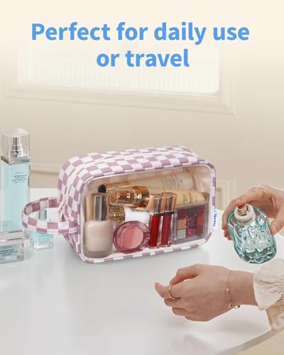 Narwey Clear Toiletry Bags for Traveling Women Men, Clear Travel Bags for Toiletries Makeup Bag Cosmetic Bag with Zipper, Make Up Organizer, Skincare Bag (Dusty Pink Checkerboard) - color: Y-Dusty Rose Checkerboard