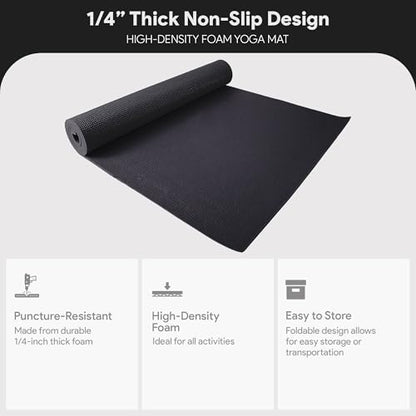 Fitvids All Purpose 1/4-Inch High Density Anti-Tear Exercise Yoga Mat with Carrying Strap, Multiple Colors - color: Black