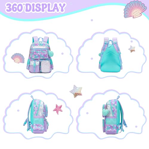 Meetbelify Mermaid Backpack for Girls School Backpack with Lunch Box for Elementary Student Cute School Bag Kids Bookbag for Girls 8-10 - color: Mermaid