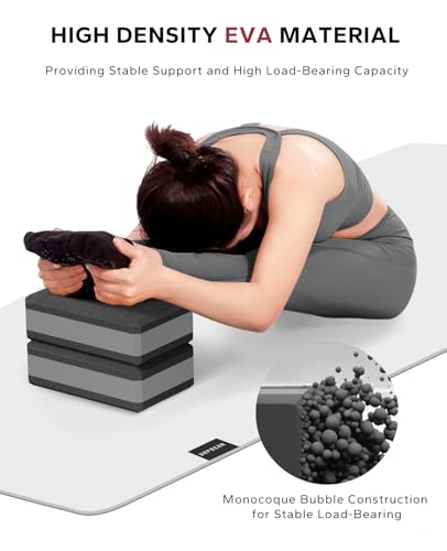 HAPBEAR Yoga Blocks 2 Pack - 9x6x3in High-Density EVA Foam with Non-Slip Textured Surface, Supportive for Deep Stretching & Lightweight - Ideal for Yoga, Pilates, Stretching Exercises - color: Black/Gray
