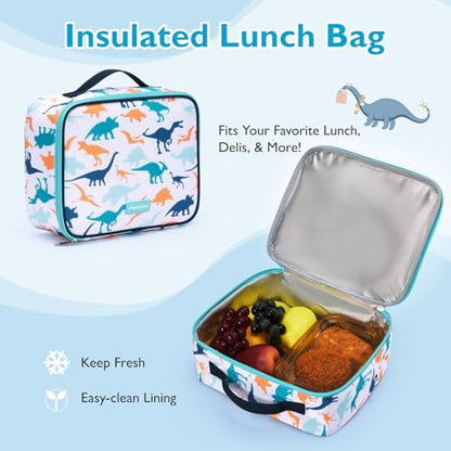 mommore Kids Backpack for Boys Girls 4-8 Kindergarten Elementary School Backpack with Lunch Box - 15” H Fit Folder - color: Blue Dinosaur, style: 2 Pcs
