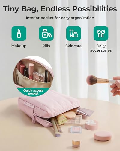 BAGSMART Small Travel Makeup Bag for Purse Toiletry Pouch, Puffy Padded Mini Cosmetics Bag, Cute Make Up Pouch for Women with Slip-in Pocket, Travel Essentials for Toiletries, Chocolate Brown - color: 07-Chocolate