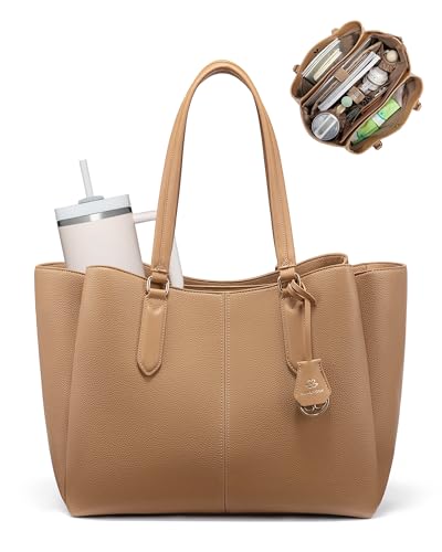 LOVEVOOK Laptop Tote Bag for Women 15.6 In Work Bags with Triple Compartments Large Faux Leather Computer Office Briefcase - color: Cookie Color, size: 15.6 Inch