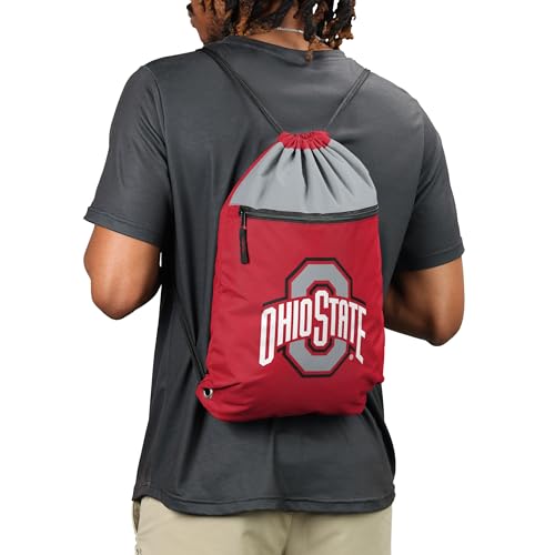FOCO NCAA Officially Licensed Unisex Team Color Collage Primary Logo Wordmark Drawstring Backpack With Zippered Pocket - Ohio State Buckeyes - color: Ohio State Buckeyes