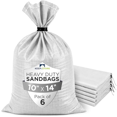 Heavy Duty Sand Bags Pack of 6, White Empty Sandbags with Built-In Ties, Woven Polypropylene UV Protection 1600 Hours, Fillable Bags for Flood Control, Weight, 10x14 inches, 15 Pounds Volume - size: 10"W x 14"L, style: Pack of 6