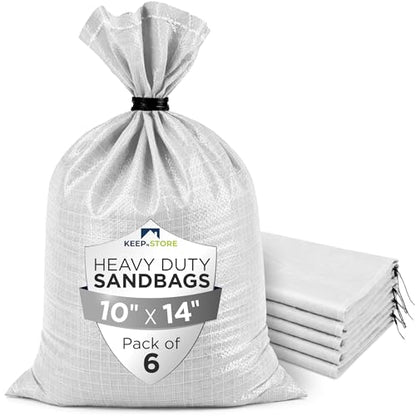 Heavy Duty Sand Bags Pack of 6, White Empty Sandbags with Built-In Ties, Woven Polypropylene UV Protection 1600 Hours, Fillable Bags for Flood Control, Weight, 10x14 inches, 15 Pounds Volume - size: 10"W x 14"L, style: Pack of 6