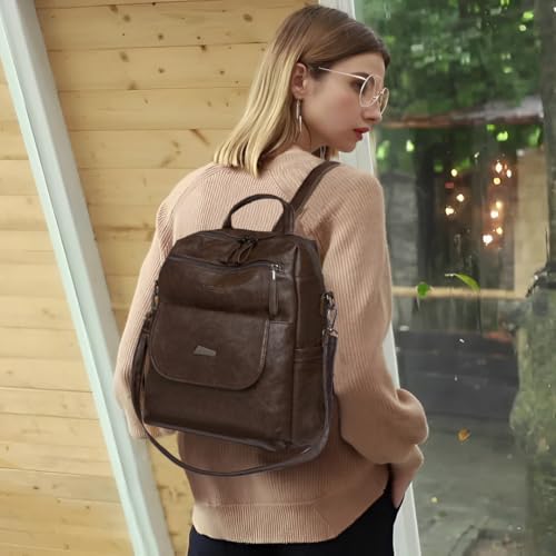 WYFJNX PU Leather Backpack Purse for Women Fashion Multipurpose Design Handbag Ladies Shoulder Bags Travel Backpack Coffee - color: Coffee
