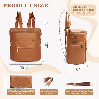 miss fong Diaper Bag Backpack Baby Diaper Bag, Large Leather Diaper Bag Backpack with Changing Pad,Pañaleras Para Bebe for Moms, Stroller Straps, and 2 Insulated Pockets(Convertible, Brown) - color: Brown