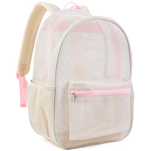 COVAX Mesh Backpack for School Heavy Duty See Through Net Bookbag Girls Boys Semi-Transparent Net Back Pack for Beach, Swimming, Sports, Work, Travel (Beige) - color: Beige