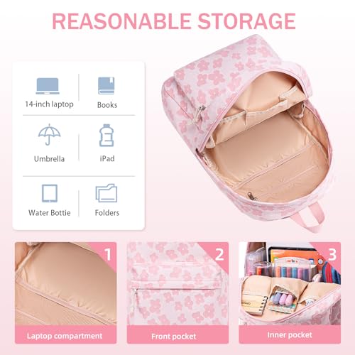 LEDAOU School Backpack for Teen Girls Elementary Middle School Bookbag Kids Backpacks Women Laptop Backpack Travel Daypack - color: Pink Flower