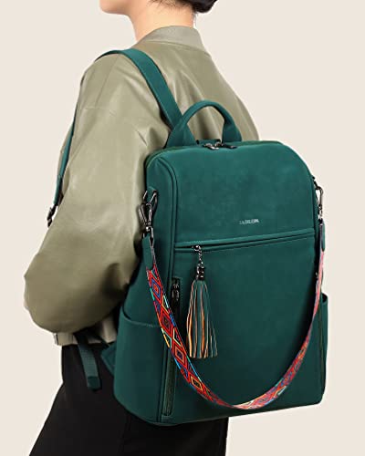 FADEON Leather Laptop Backpack for Women Designer 15.6 inch PU Laptop Bag, Ladies Travel Computer Work Backpack Green - color: Dark Green Suede Style