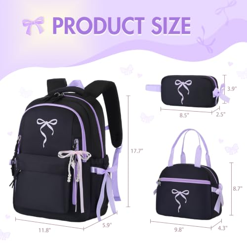 Kids Backpack for Girls - 3PCS Cute Embroidered Bow Girls Backpack with Insulated Lunch Bag & Pencil Case - Bookbag for Teen Women Middle High School College Work Travel Daypack - color: Black Purple