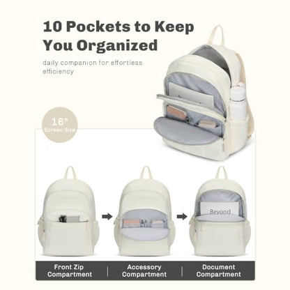 Hynes Eagle College Laptop Backpack 16 Inches Quilted Travel Backpack for Women Lightweight Puffer Casual Daypack 28L Ivory Beige - color: Ivory Beige
