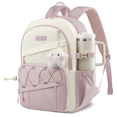 LOVEVOOK School Backpack for Teen Girls - Large Capacity College Student Laptop Backpack,Lightweight Cute Kid Bookbag with Water Bottle Holder, Ideal for school, Travel & Daily Use Fit 17.3" Laptop - color: Light Pink - Off White, size: 17.3 inch