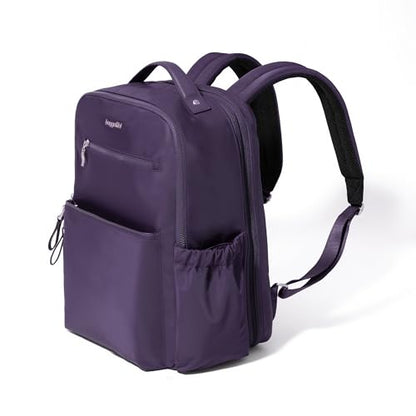 Baggallini Tribeca Expandable Laptop Backpack - 15"x11" Lightweight RFID Computer Bag for Work & Travel with Luggage Sleeve - color: Deep Grape Twill