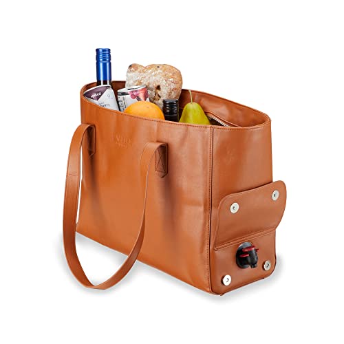 Twine Insulated Wine Cooler Bag, Faux Leather Tote with Insulated Liner, Shoulder Straps, Adjustable Divider, Silver Zipper, Tan, Set of 1 - style: Insulated Wine Tote Bag