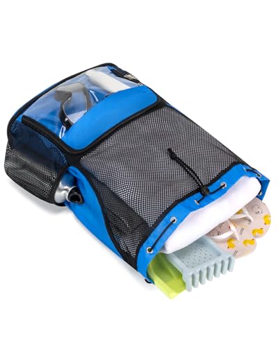 Drawstring Backpack Sandproof Beach Backpack with Shoe Compartment & Wet Pocket Waterproof Mesh Swim Bag Pool Bag for Gym, Travel and Workout Gear (Blue) - color: Blue
