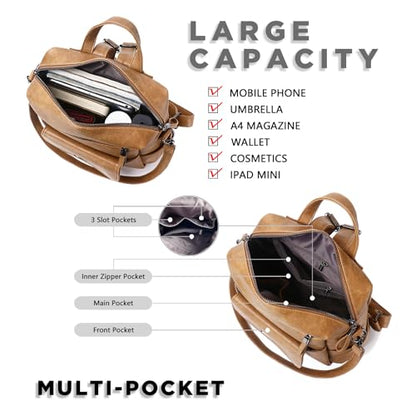 WYFJNX PU Leather Backpack Purse for Women Fashion Multipurpose Design Handbag Ladies Shoulder Bags Travel Backpack Camel - color: Camel