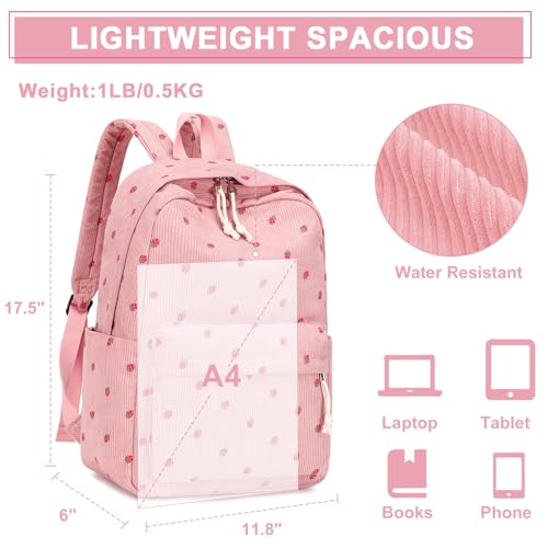 Bluboon School Backpack Set Girls Womens Laptop Bookbag Casual Daypack Fits 15 inch Laptop with Lunch Tote Bag and Pencil Bag - color: Corduroy-pink
