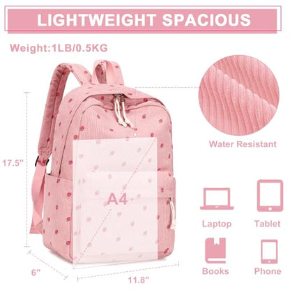 Bluboon School Backpack Set Girls Womens Laptop Bookbag Casual Daypack Fits 15 inch Laptop with Lunch Tote Bag and Pencil Bag - color: Corduroy-pink