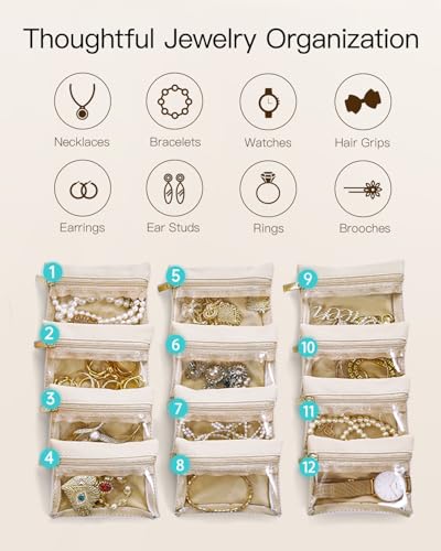 VLANDO Travel Jewelry Case,Jewelry Box with 12 Velvet Jewelry Pouch Jewelry Travel Organizer for Women Girl Jewelry Case Necklace Rings Earrings Bags Wedding Gifts (White) - color: 12PCS-White