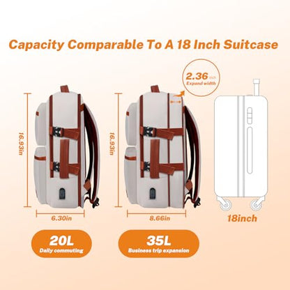 Expandable Travel Backpack Women Men with USB Charging Port, 15.6 Inch Laptop Backpack Waterproof Carry on Flight Approved for Travel Work Hiking College, Beige - color: Beige
