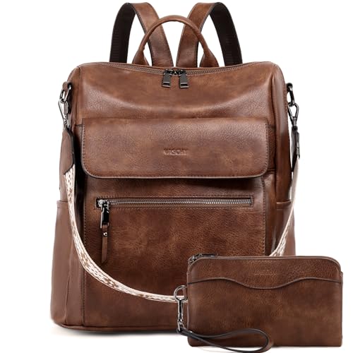 VASCHY Backpack Purse for Women, Large Vegan Leather Backpack Purse with Wallet Pouch Set Convertible Handbag for Ladies Guitar Strap Brown - color: Brown