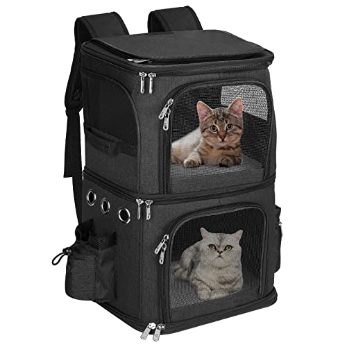 HOVONO Double-Compartment Pet Carrier Backpack for 2 Cats or Small Dogs, Dual Travel Dog Cat Carrier wih Breathable Mesh Windows, Fits Pets up to 20 lbs, Perfect for Traveling/Hiking/Camping, Black - color: Black, size: Large