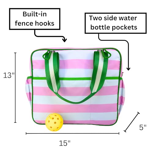 Cute Prepster Pickleball Bag for Women with Fence Hook, Tote with Pockets for Water Bottle, Paddles, Balls, Accessories - color: Pink Stripe Pasadena