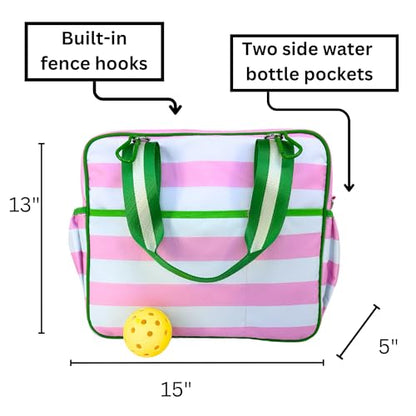 Cute Prepster Pickleball Bag for Women with Fence Hook, Tote with Pockets for Water Bottle, Paddles, Balls, Accessories - color: Pink Stripe Pasadena