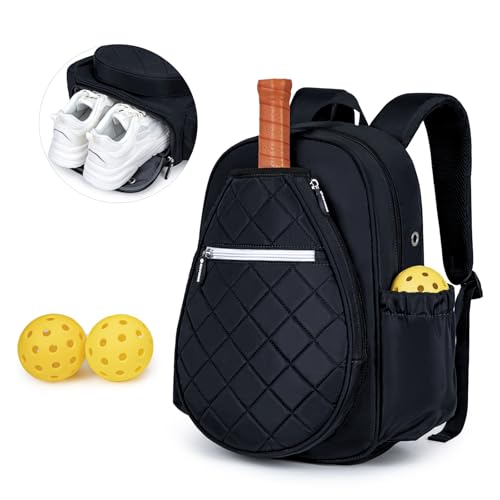 KAVIGOR Pickleball Bag, Quilted Pickleball Backpack with Shoe Compartment & Waterproof Pocket, Pickle Ball Paddle Bag Fits 2 to 4 Paddles for Women and Men - color: Black
