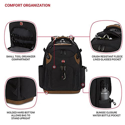 SwissGear Tool Bag Backpack, Fits Up to 17-Inch Laptop, Work Pack PRO, Black/Brown Canvas - color: Black/Brown Canvas, size: Large