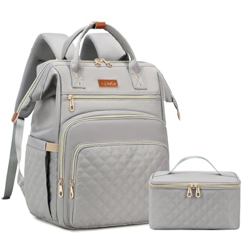 AIJIEKE Lunch Backpack for Women, 15.6 Inch Laptop Backpack with Detachable Insulated Cooler Lunch Box, 2-in-1 Water Resistant Work Computer Bag for Nurse Teacher College Commute, Grey - color: Grey
