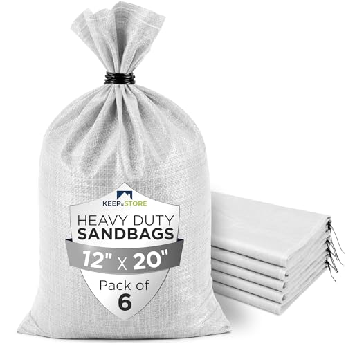 Heavy Duty Sand Bags Pack of 6, White Empty Sandbags with Built-In Ties, Woven Polypropylene UV Protection 1600 Hours, Fillable Bags for Flood Control, Weight, 12x20 inches, 25 Pounds Volume - size: 12"W x 20"L, style: Pack of 6