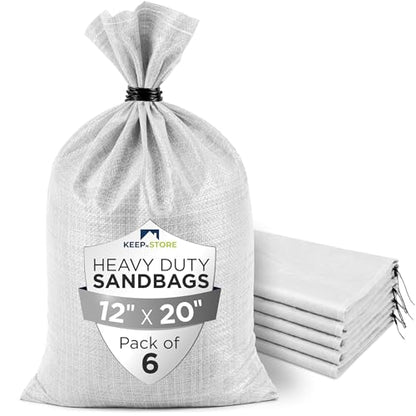 Heavy Duty Sand Bags Pack of 6, White Empty Sandbags with Built-In Ties, Woven Polypropylene UV Protection 1600 Hours, Fillable Bags for Flood Control, Weight, 12x20 inches, 25 Pounds Volume - size: 12"W x 20"L, style: Pack of 6