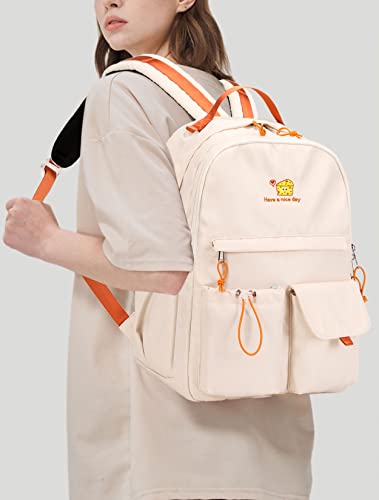 Lanola Teen Girl School Backpack Casual Daypack Bookbag Elementary College Travel Backpack with Cute Ribbon for Girls - color: Cheese-beige