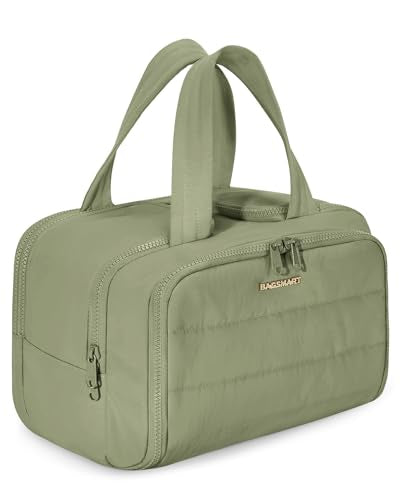 BAGSMART Travel Toiletry Bag, Lightweight Large Wide-open Travel Bag for Women, Puffy Cosmetic Makeup Bag Organizer with Handle for Accessories,Essentials, Toiletries, Green - color: e-Army Green