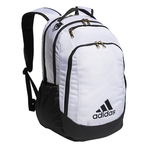 adidas Defender Sports Backpack with Shoe Compartment, Soccer Bag - color: White/Black/Gold Metallic