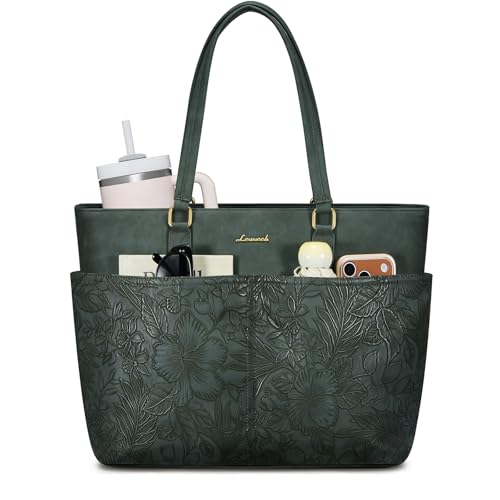 LOVEVOOK Work Tote Bags for Women, Embossed Retro Leather 15.6 Inch Laptop Bag with Large Cup Holder, Teacher Nurse Medical Professional Computer Bag, Office Briefcase Handbag Gift - color: Embossed Green, size: 15.6 Inch