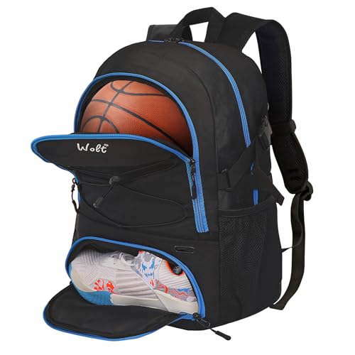 WOLT Basketball Backpack Large Sports Bag with Separate Ball Holder & Shoes Compartment, Best for Basketball, Soccer,Gym - color: Zipper Blue
