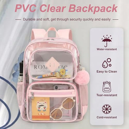 Heavy Duty Clear Backpack for Girls Boys Transparent School Bookbag Kids Durable PVC See Through Backpack - Pink - color: Pink