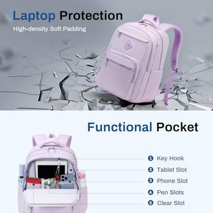 Sisipoet School Backpack for Girls, Lightweight Kids Bookbag Classic College Backpack for Teen Women with Luggage Strap, Age 8-18 Years Old, Purple - color: Purple
