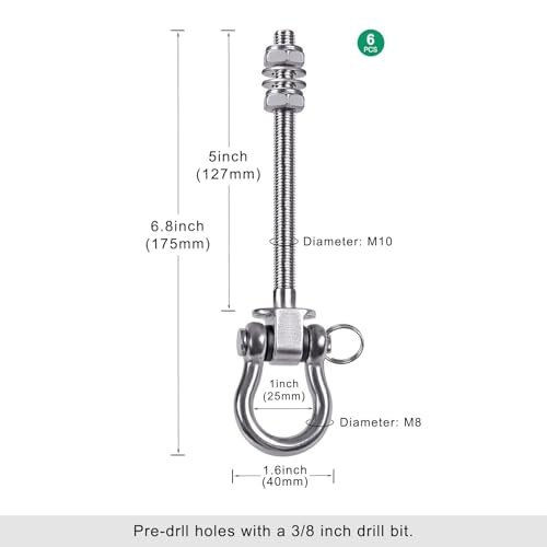 SELEWARE Heavy Duty Bearing Swing Hangers, 6 Pack Stainless Steel Swing Set Hooks for Wood and Steel Beam, for Hammock, Yoga Swing, Porch Swing, Heavy Bag, 5" x M2/5", 1500LB Capacity - color: 6 Pack Bearing Hangers (5" X M2/5" Threaded Rod)