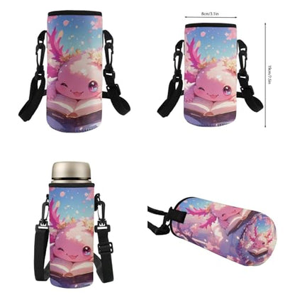 Flashideas Cherry Blossom Axolotl Backpack for Girls Kids Backpack with Lunch Box 32 oz Water Bottle and Water Bottle Carrier 4Pcs Set 17" Lightweight Elementary Bookbag with Compartments for School - color: Cherry Blossom Axolotl-2
