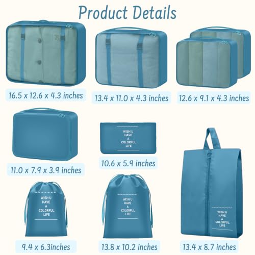 9 Set Packing Cubes for Travel Essentials - Lightweight Carry-On Luggage Organizer Bags with Shoe, Clothes & Laundry Bags for Airplane, Family & Business Travel, Lake blue - color: Lake blue